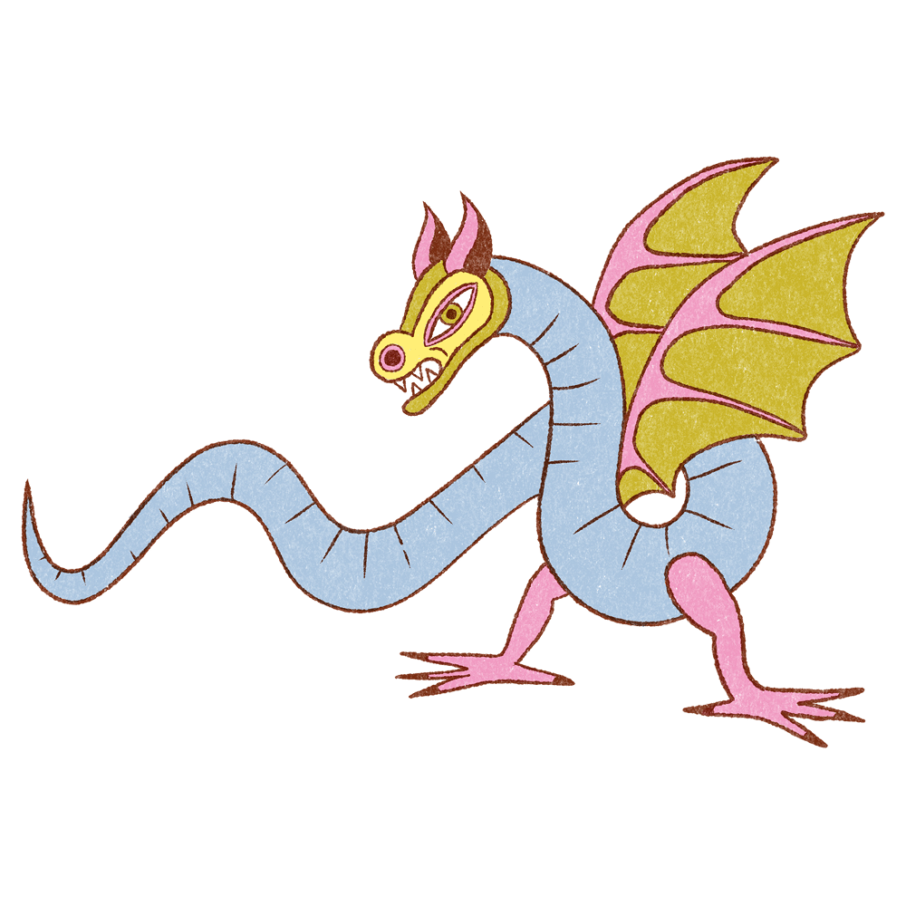 Illustration d'un dragon serpentin stylisé avec corps segmenté bleu, tête jaune avec cornes roses, ailes jaune-rose et pattes griffues roses.