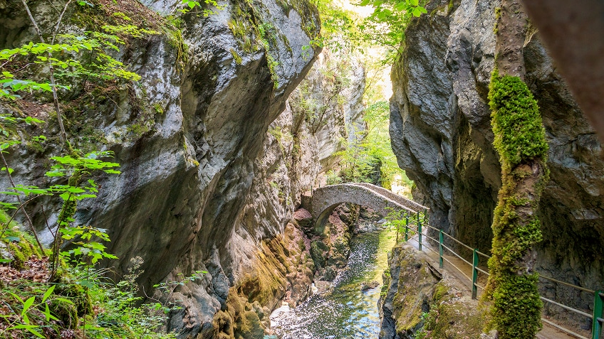Gorges rocheuses étroites avec pont en pierre enjambant un cours d'eau, parois de calcaire couvertes de mousse et végétation verdoyante.