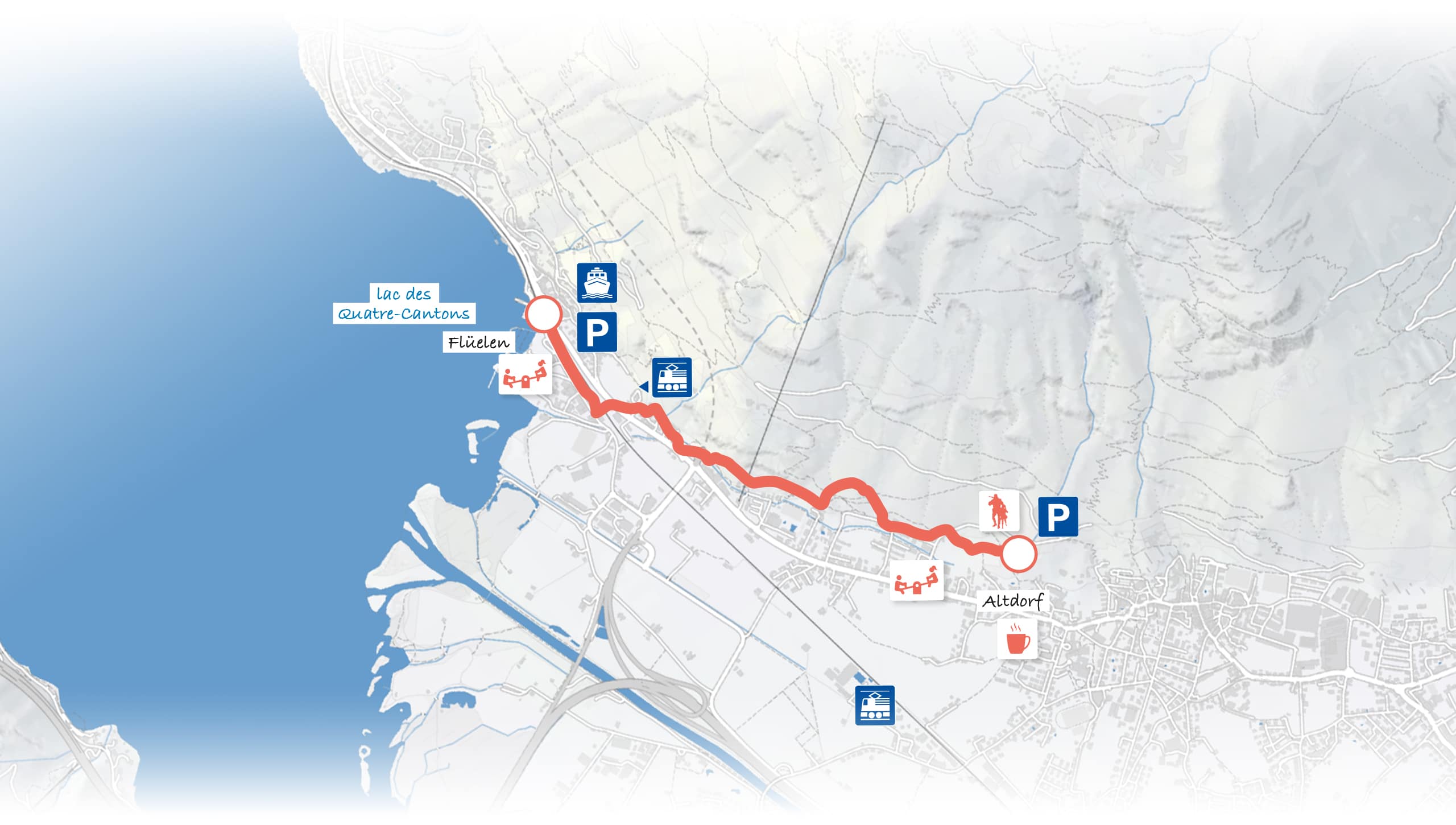 Carte de l'itinéraire de randonnée entre Flüelen, au bord du Lac des Quatre-Cantons, et Altdorf, avec le tracé marqué en rouge.