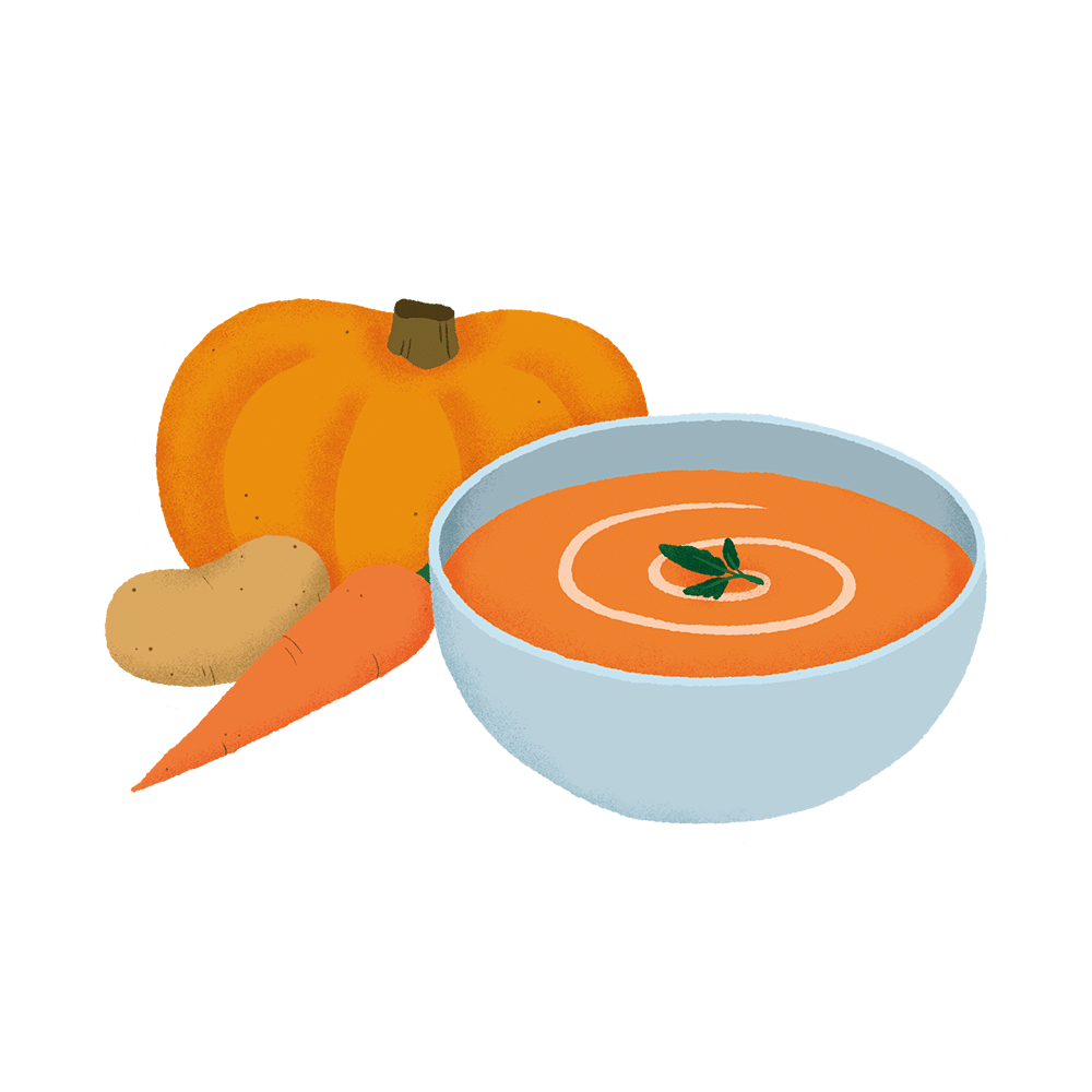 Illustration représentant un bol de soupe à la citrouille et/ou carotte orange, garnie d'une spirale de crème et d'une feuille verte, à côté d'une citrouille orange entière, d'une pomme de terre et d'une carotte.