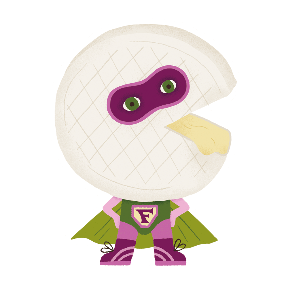 Illustration d'un fromage en forme de cercle avec une morsure manquante, portant un masque violet, des bottes violettes et une cape verte, représentant un super-héros.