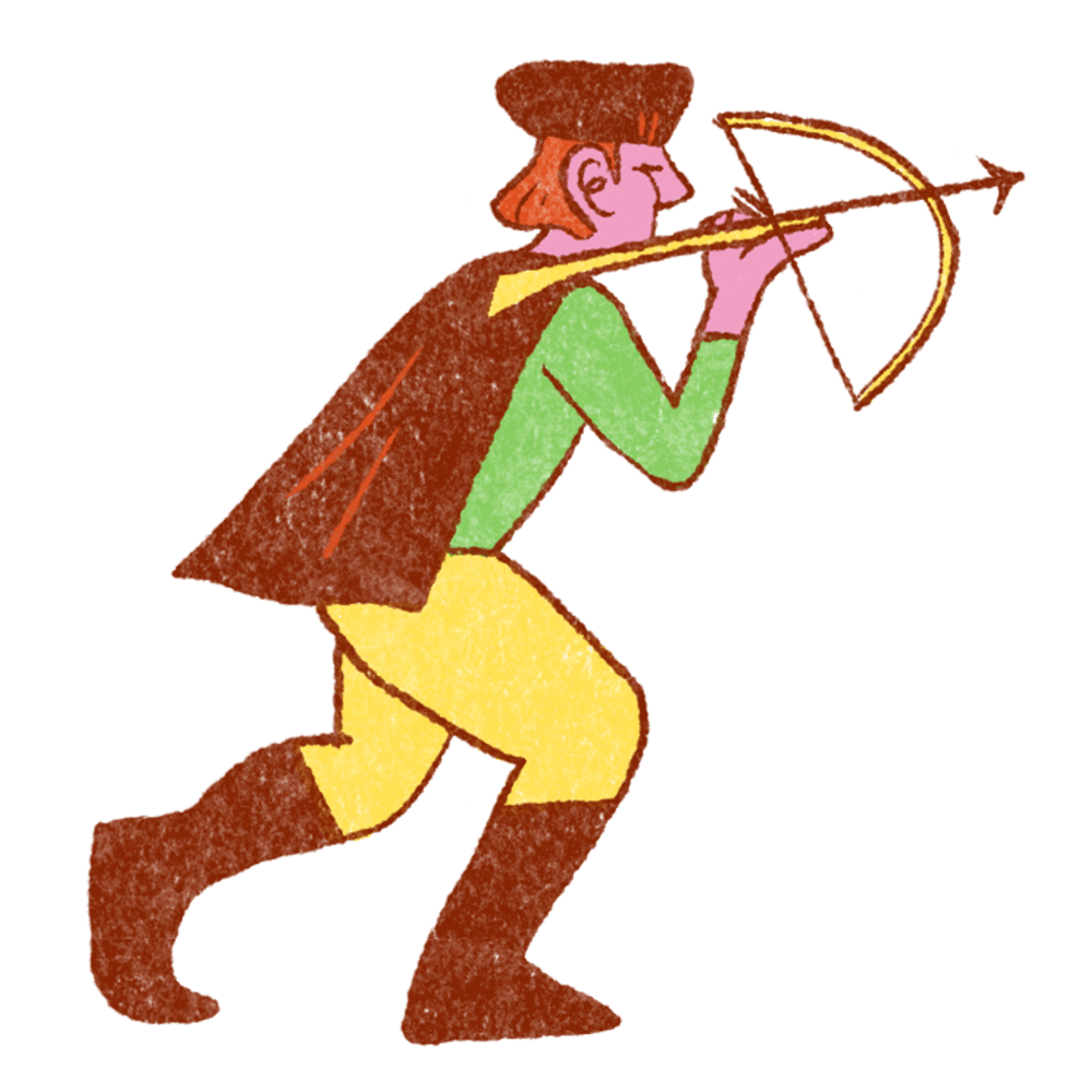 Illustration d'un archer avec un chapeau marron foncé et une cape, tirant une flèche depuis un arc. Il porte un haut vert et un pantalon jaune, et semble courir vers la droite.