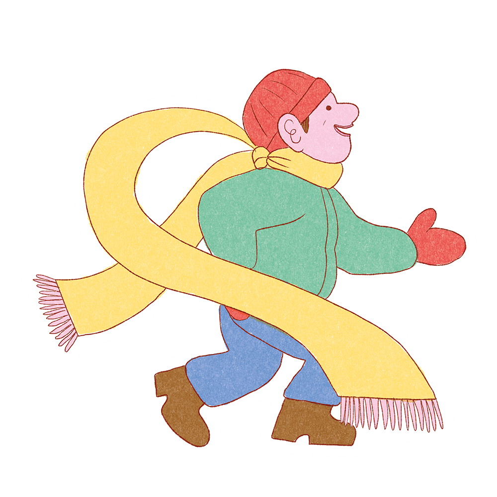 Illustration d'un personnage souriant portant un bonnet et une très longue écharpe jaune volant au vent.