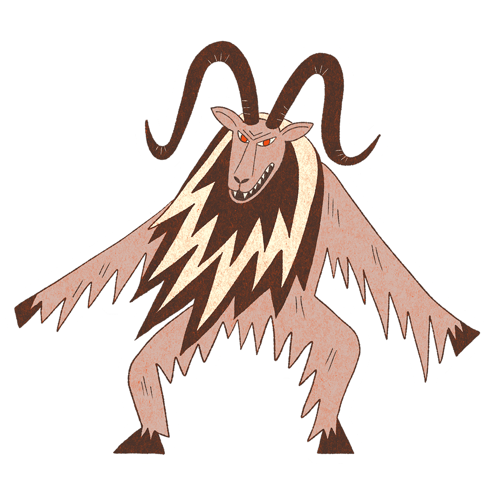 Illustration d'une chèvre bipède, poilue et effrayante avec de longues cornes et des yeux rouges, semblant menaçante avec ses longs bras et sa fourrure déchiquetée marron et beige.