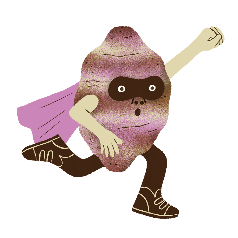 Illustration d'un topinambour stylisé en super-héros en train de courir, portant un masque marron, une cape violette, et des chaussures et des chaussettes marron foncé.