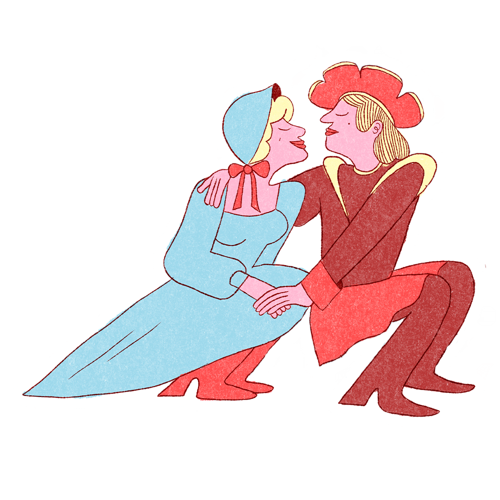 Illustration d'un couple en costumes d'époque : une femme en robe longue bleue avec un bonnet, un ruban rouge et des bottes rouges, et un homme accroupi en tenue rouge et marron avec un chapeau à plumes. Ils se regardent et se tiennent la main.