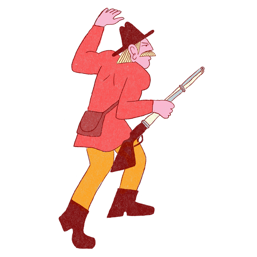 Illustration d'un chasseur moustachu avec un chapeau, tenant un fusil.