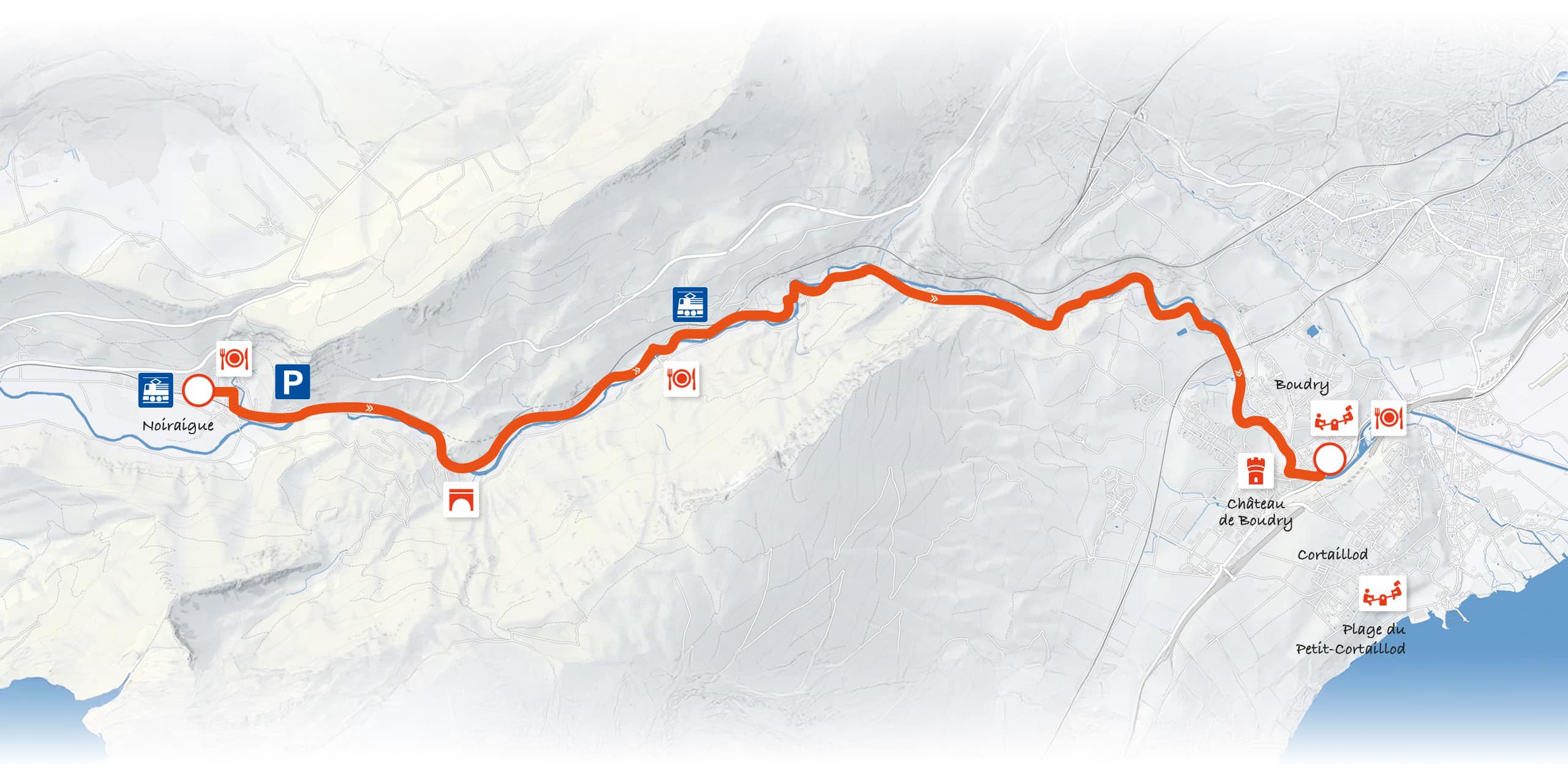 Carte illustrant l'itinéraire de la balade traversant les gorges de l'Areuse, reliant Noiraigue à Boudry.