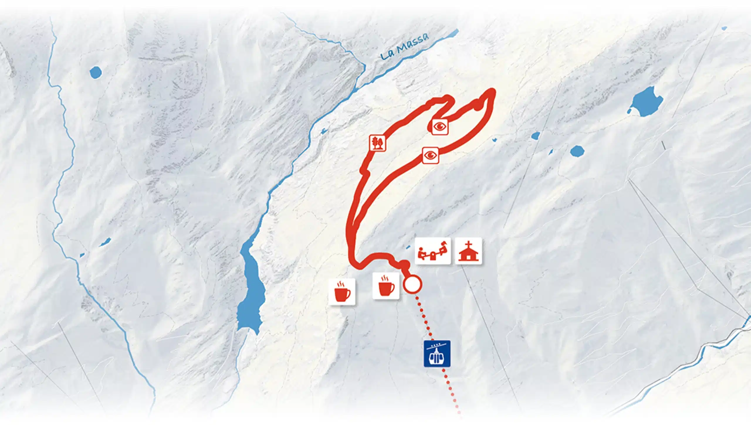 Carte illustrant l'itinéraire de la balade en boucle surplombant les gorges de la Massa, dans la région d'Aletsch.