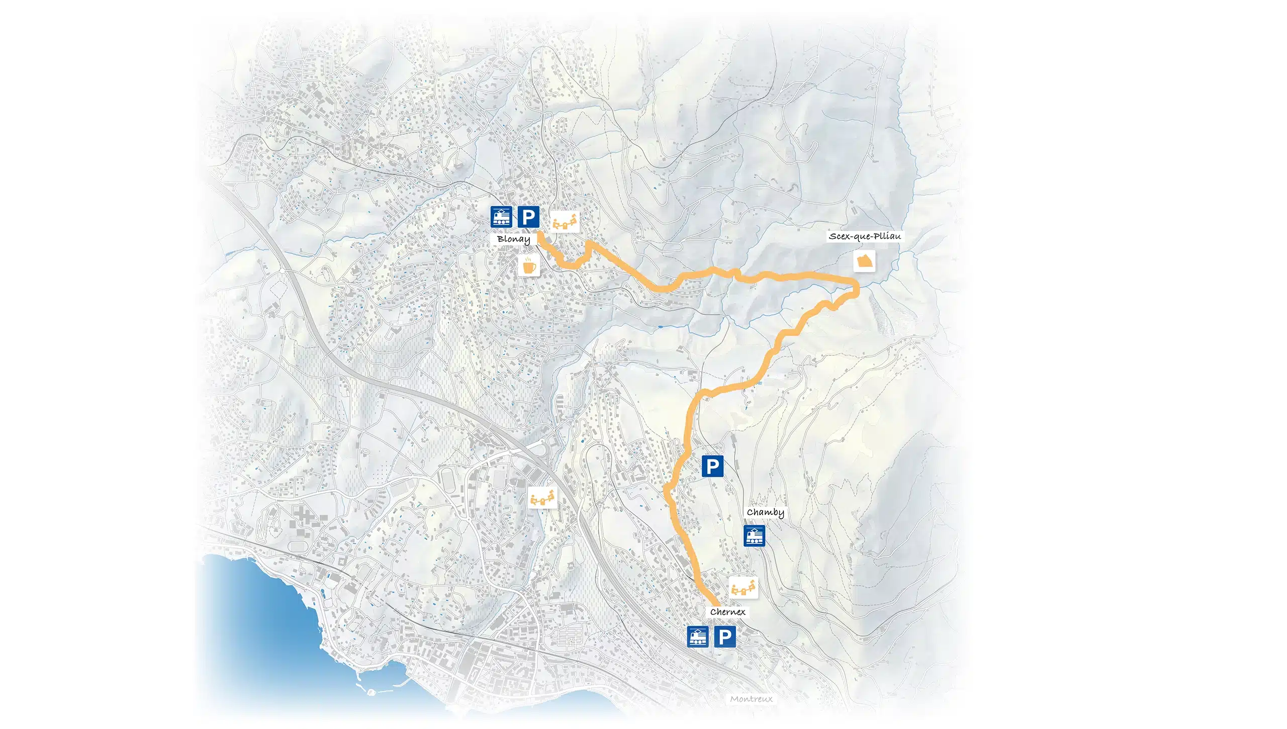 Carte illustrant l'itinéraire de la balade reliant Blonay à Chernex, en passant par Scex-que-Plliau.