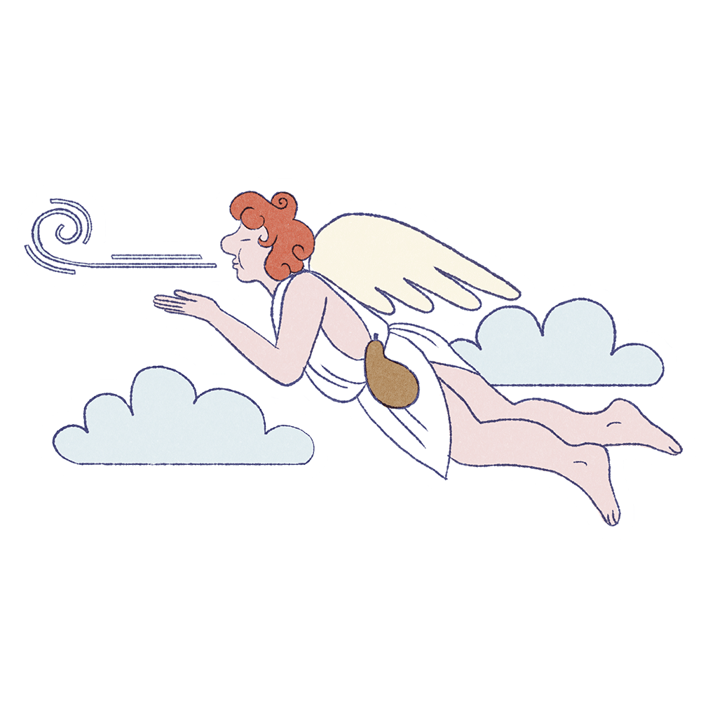 Illustration d'un ange avec des cheveux roux bouclés, des ailes crémeuses et une robe blanche, soufflant du vent en volant à travers des nuages bleu clair. Une petite poire pend de sa taille.