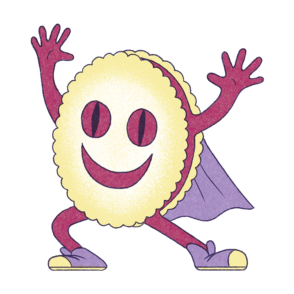 Illustration d'un personnage en forme de biscuit, jaune pâle et moelleux, avec un grand sourire et deux yeux rouge foncé. Il a des bras et des jambes rouge foncé, porte une cape violette et se tient dans une pose héroïque avec les mains levées.