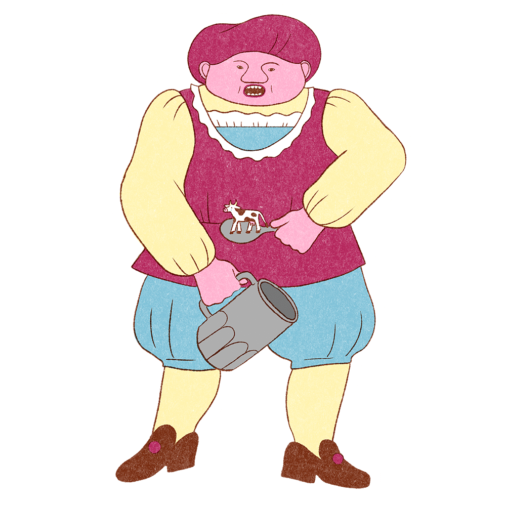 Illustration d'un homme en costume d'époque : un haut jaune pâle, un gilet bordeaux avec une image de vache, et un pantalon bouffant bleu. Il porte des chaussures marron et tient une grande chope grise.