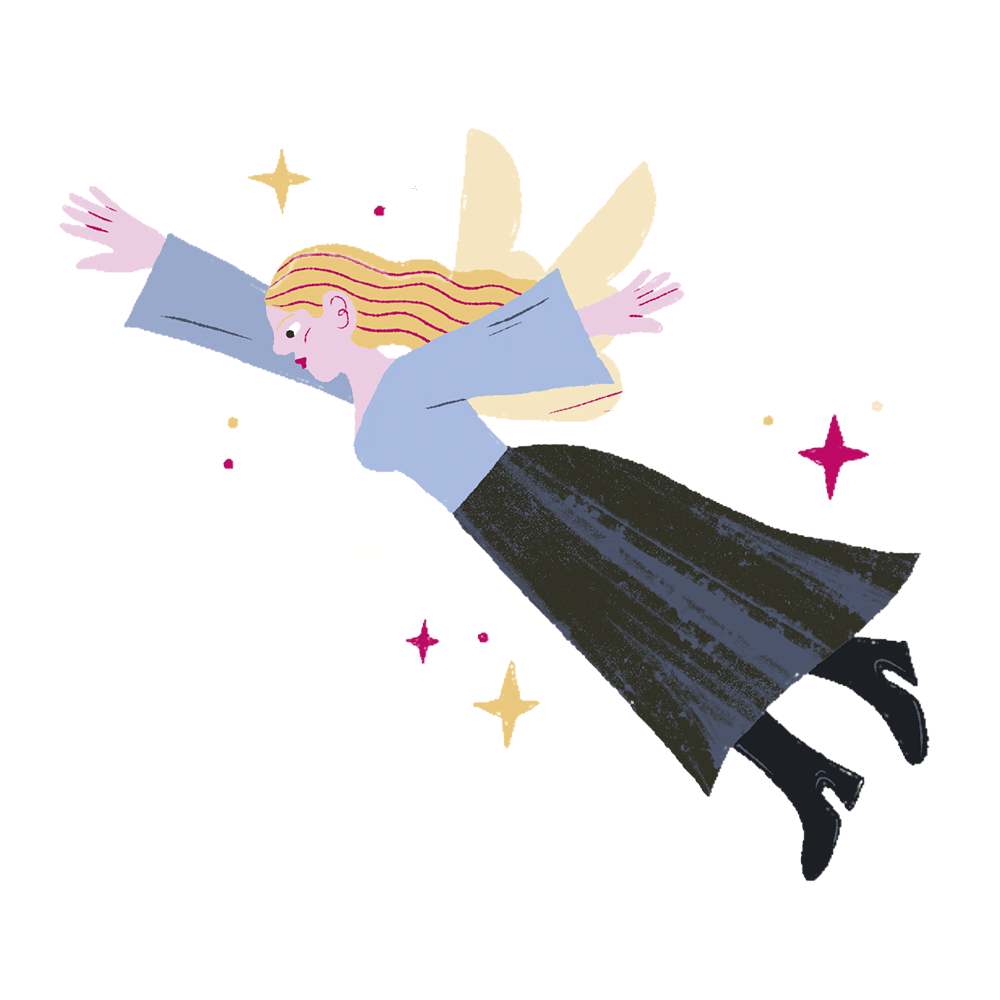 Illustration d'une fée blonde stylisée avec des ailes jaune pâle, portant un haut bleu et une longue jupe noire, volant sur un fond gris clair avec des étincelles roses et jaunes.