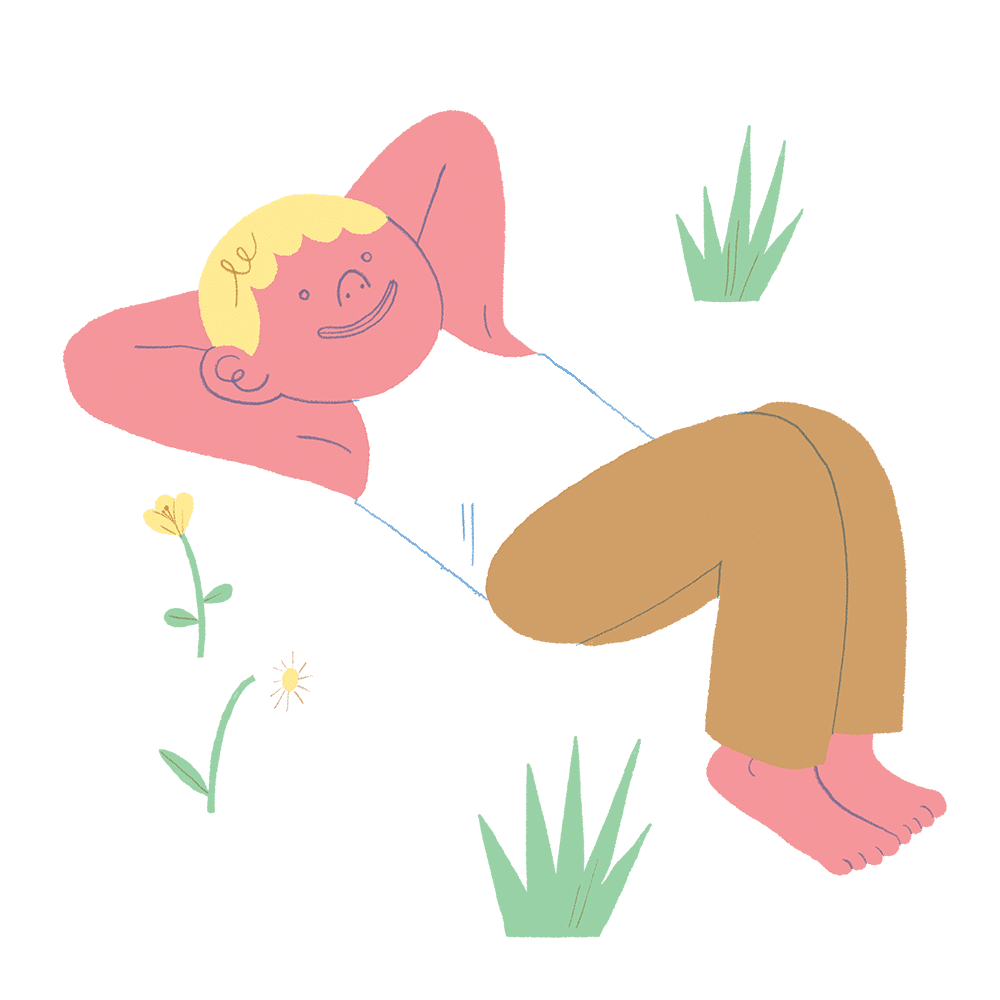 Illustration d'un homme souriant, à la peau rose et aux cheveux blonds, en débardeur blanc et pantalon marron, allongé sur le dos les mains derrière la tête. Il est entouré d'herbe verte, d'une fleur jaune et d'une marguerite blanche.