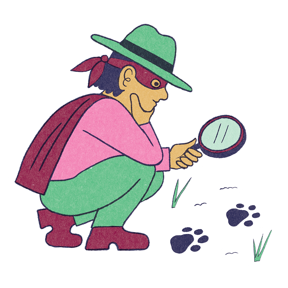 Illustration d'un détective accroupi en tenue de couleurs vives, portant un chapeau vert et un masque jaune, examinant des empreintes de pattes sombres sur le sol avec une loupe.