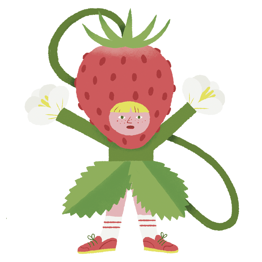 Illustration d'une fraise stylisée avec une robe à feuilles vertes, des gants de fleurs blanches, des chaussures rouges et une tête de fraise d'où sort une petite personne souriante.