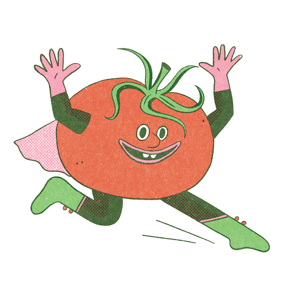 Illustration d'un super-héros tomate de couleur rouge-orangé, souriant, en train de courir ou de sauter, portant un masque vert foncé, une cape rose et des bottes vertes.